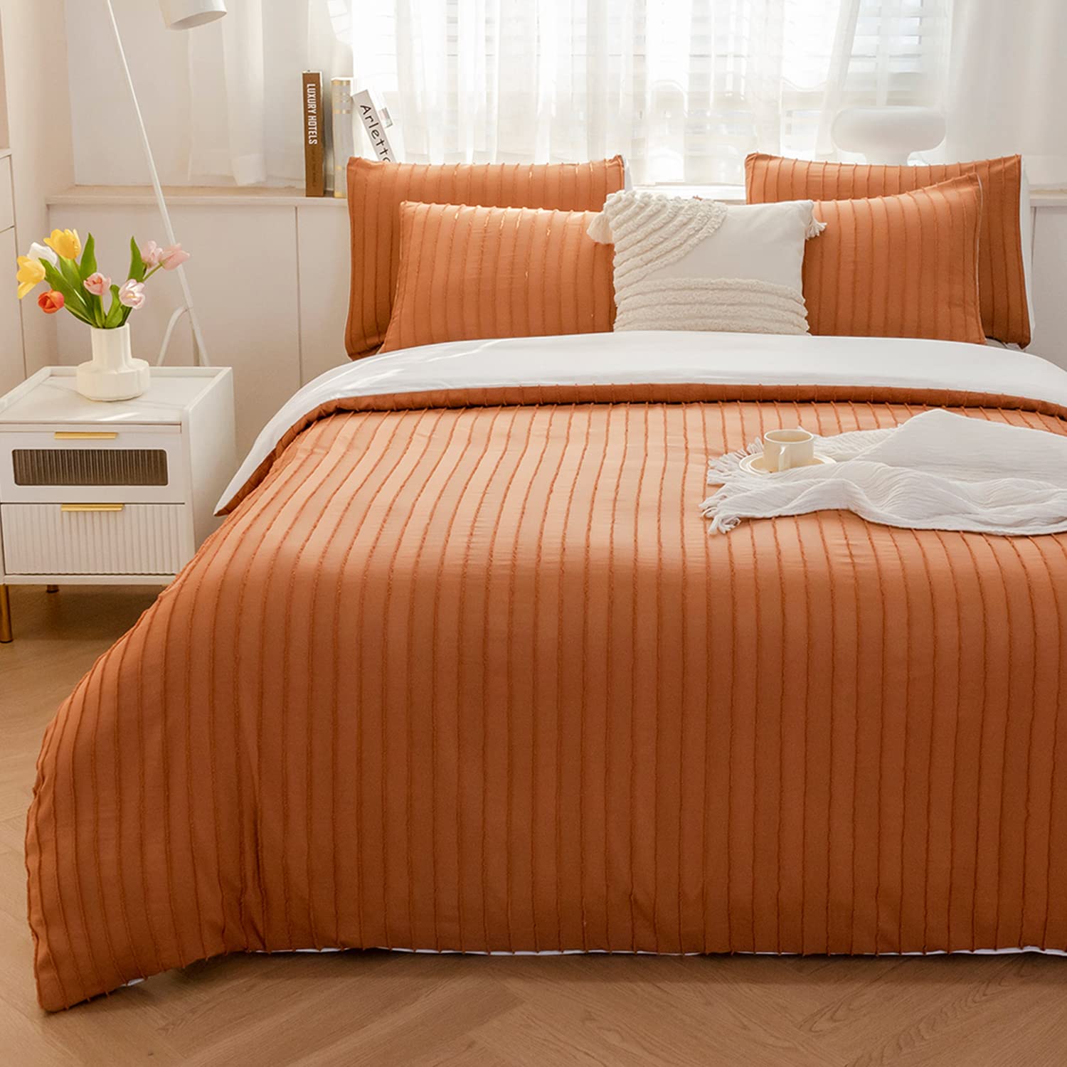 Jellymoni Reversible Rust & White Duvet Cover King Size - 3Pcs Microfiber Tufted Duvet Cover Set, Boho Striped Tufted Textured D